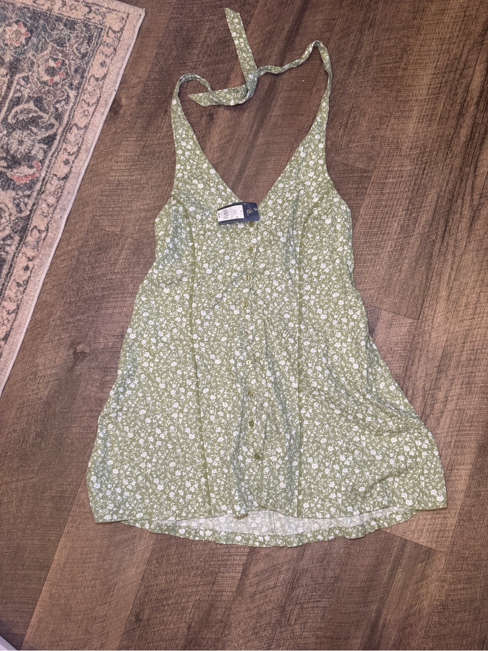 Olive Green Floral Halter Dress